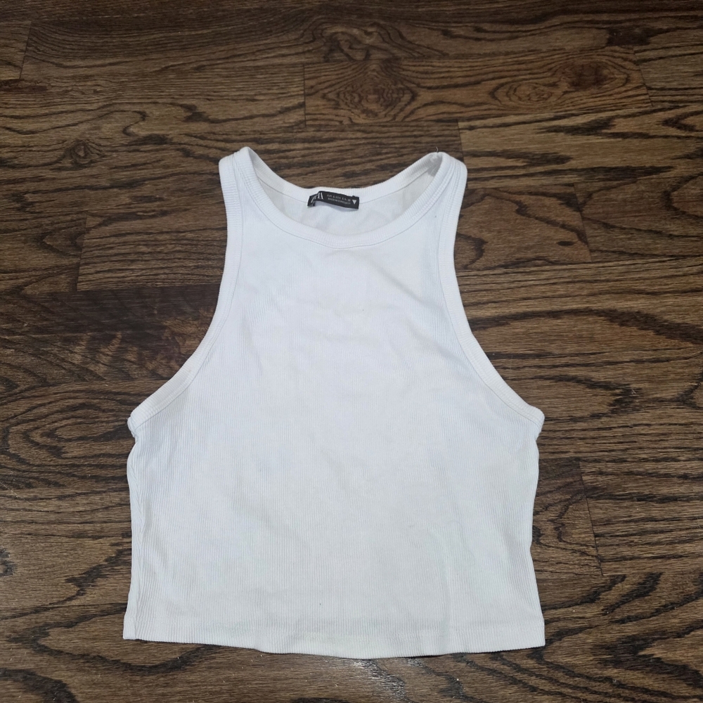 Zara Cropped Racer Back Ribbed Stretchy White Tank Top Size Large - Picture 3 of 6